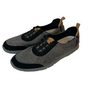 CLARKS CLOUD STEPPER CUSHION SOFT 11 GRAY, BLACK/CAMEL LEATHER ACCENTS SNEAKER‎